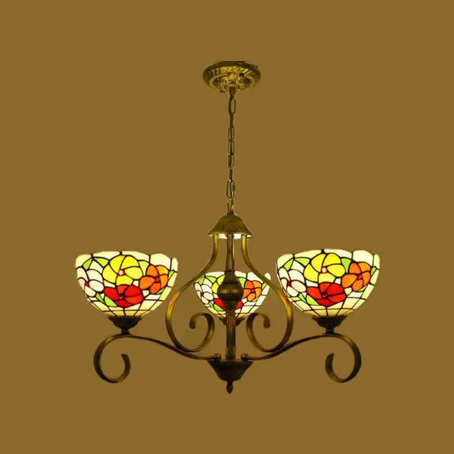 Mediterranean Stained Glass Ceiling Chandelier With Flower Design - Antique Brass Pendant Light