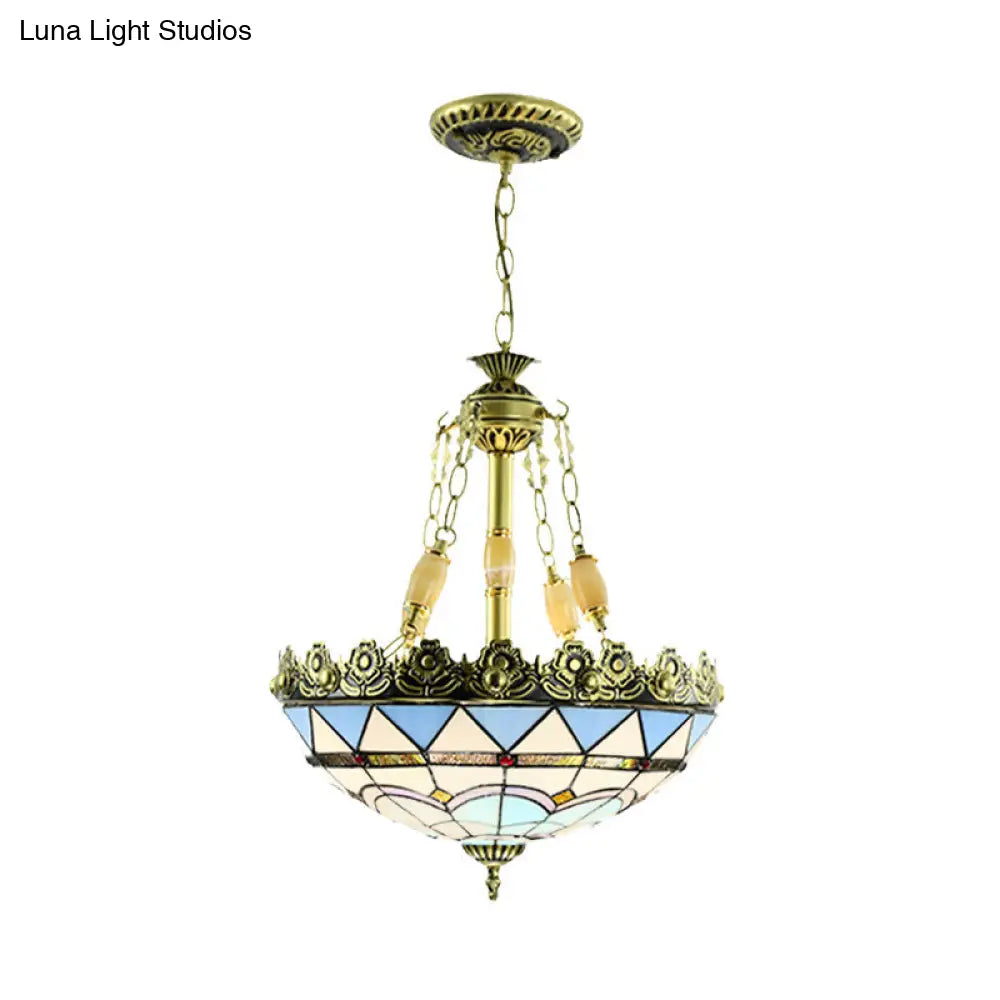 Mediterranean Stained Glass Chandelier - 3/4 Lights Yellow/Blue 12’/16’ W Kitchen Hanging Light Kit