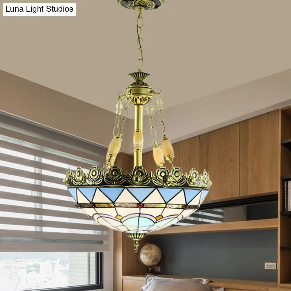 Mediterranean Stained Glass Chandelier - 3/4 Lights Yellow/Blue 12’/16’ W Kitchen Hanging Light Kit