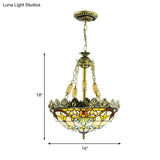 Mediterranean Stained Glass Chandelier - 3/4 Lights Yellow/Blue 12’/16’ W Kitchen Hanging Light Kit