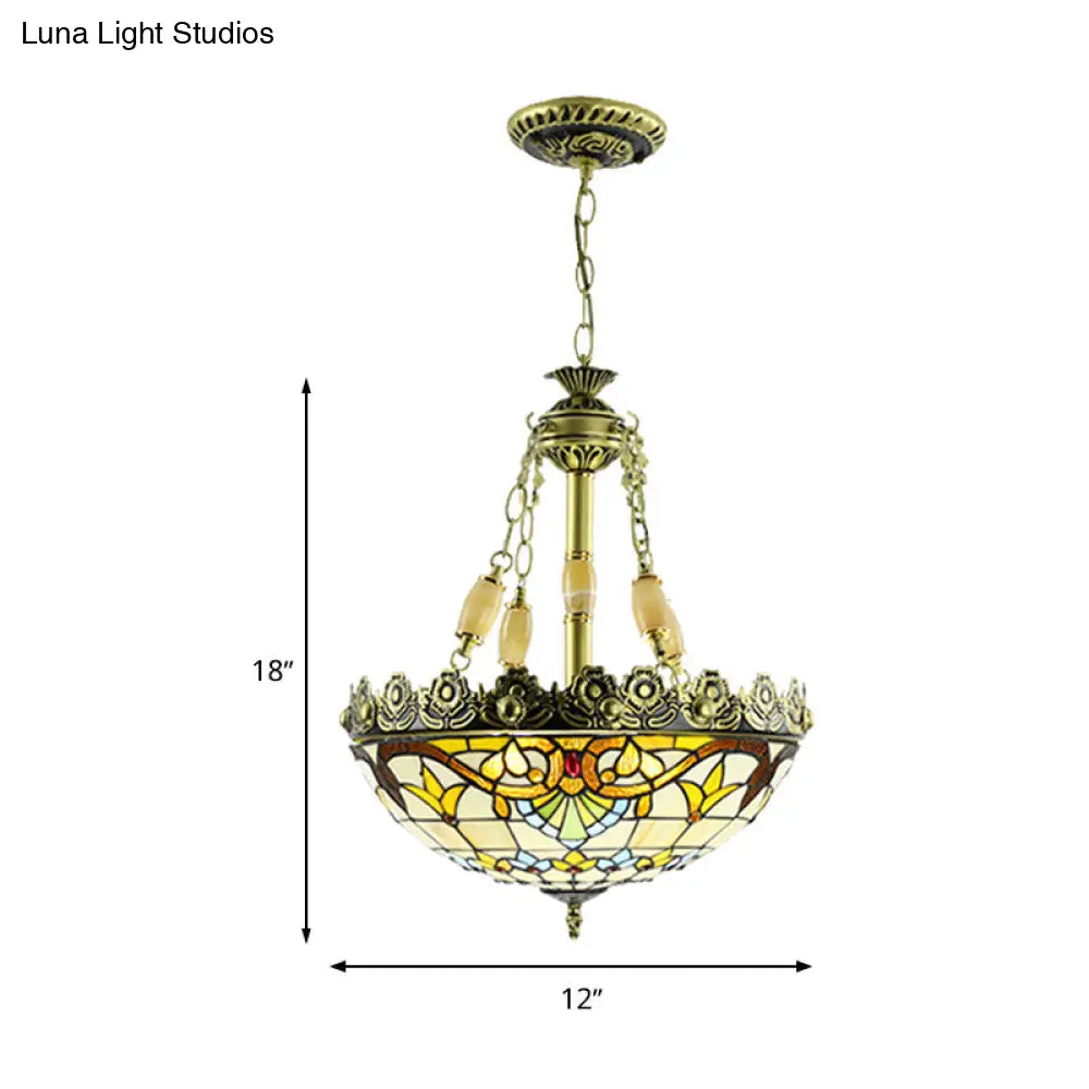 Mediterranean Stained Glass Chandelier - 3/4 Lights Yellow/Blue 12’/16’ W Kitchen Hanging Light Kit