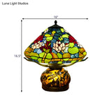 Mediterranean Stained Glass Conic Table Lamp - Green Lotus Patterned Nightlight For Bedroom