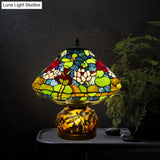 Mediterranean Stained Glass Conic Table Lamp - Green Lotus Patterned Nightlight For Bedroom