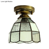 Mediterranean Stained Glass Dome Flush Light In Brass Finish With 1 & Stunning Geometric Patterns