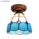 Mediterranean Stained Glass Dome Flush Light In Brass Finish With 1 & Stunning Geometric Patterns