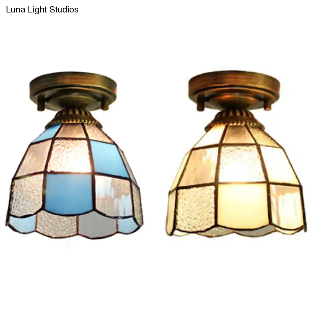 Mediterranean Stained Glass Dome Flush Light In Brass Finish With 1 & Stunning Geometric Patterns