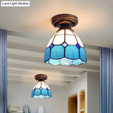 Mediterranean Stained Glass Dome Flush Light In Brass Finish With 1 & Stunning Geometric Patterns
