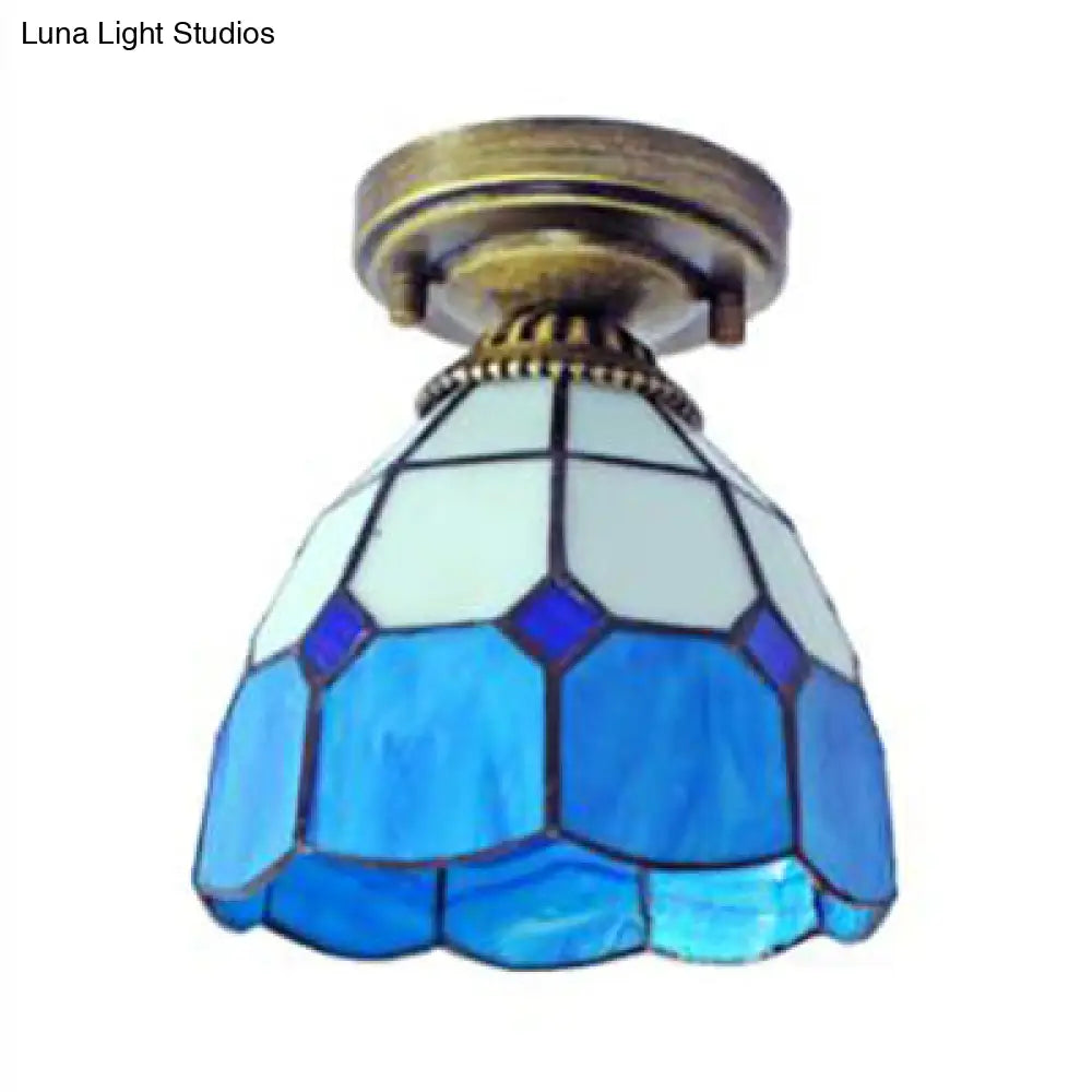 Mediterranean Stained Glass Dome Flush Light In Brass Finish With 1 & Stunning Geometric Patterns