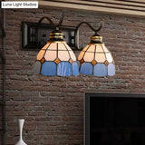 Mediterranean Stained Glass Domed Wall Light Fixture With 2 Lights In White/Black - Perfect For