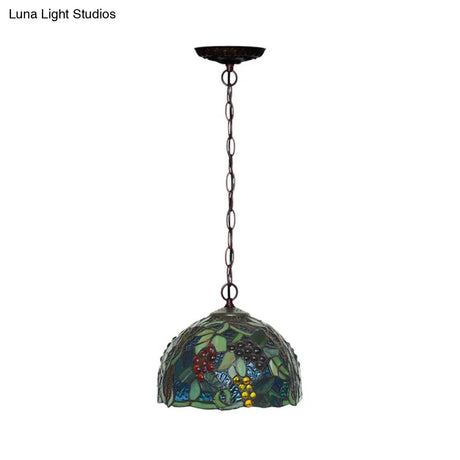 Mediterranean Stained Glass Hanging Light - Green Dome 8’/12’ Bronze Pendant