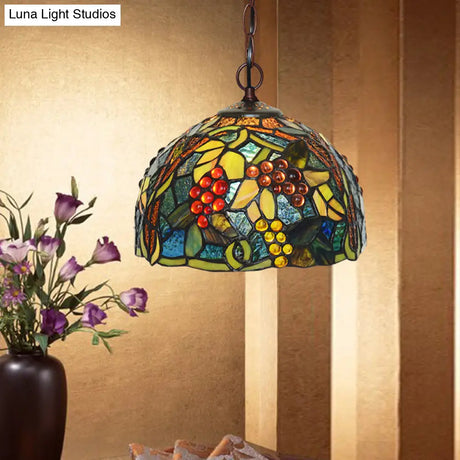 Mediterranean Stained Glass Hanging Light - Green Dome 8’/12’ Bronze Pendant