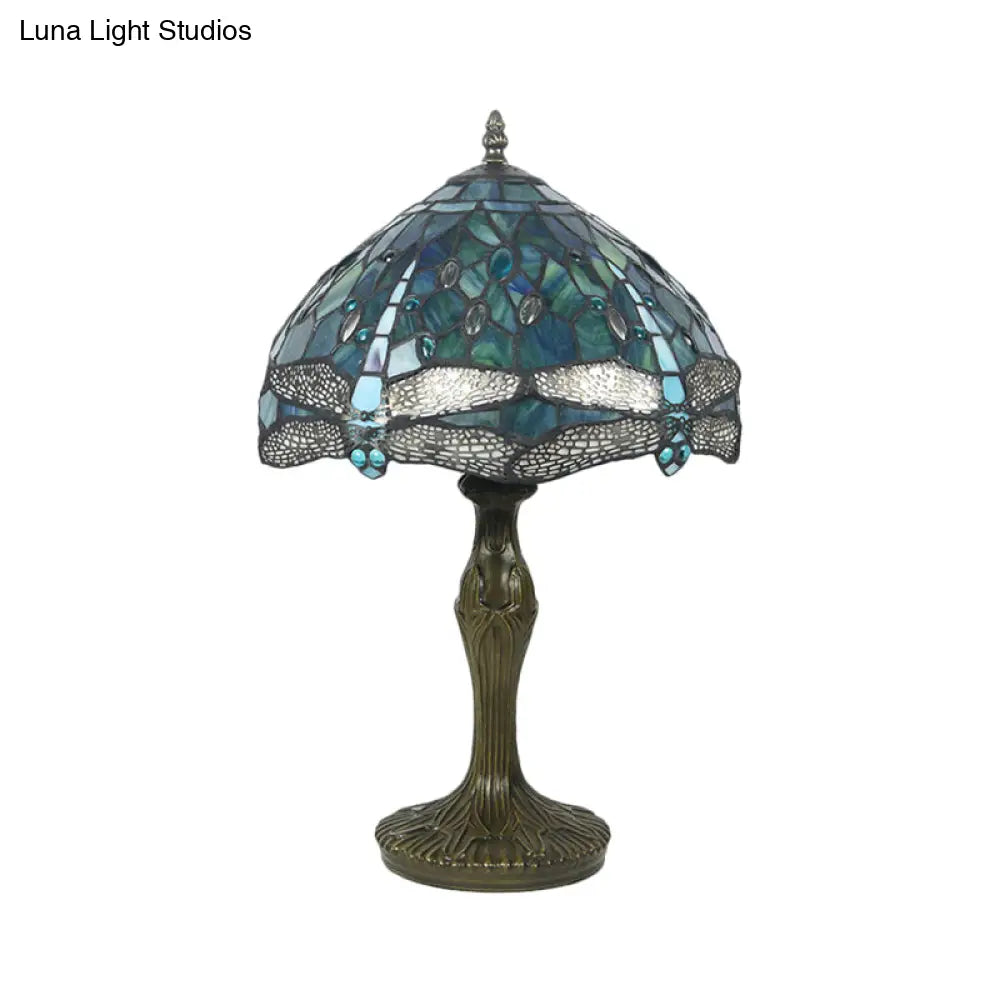 Mediterranean Stained Glass Night Lamp With Dragonfly Pattern - 1-Light Brass Nightstand Light