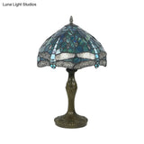 Mediterranean Stained Glass Night Lamp With Dragonfly Pattern - 1-Light Brass Nightstand Light
