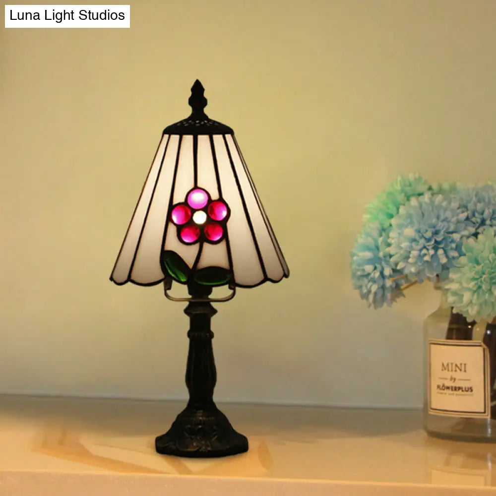 Mediterranean Stained Glass Night Light: White/Red With Conical/Flared Shape And Floral Pattern