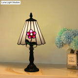 Mediterranean Stained Glass Night Light: White/Red With Conical/Flared Shape And Floral Pattern