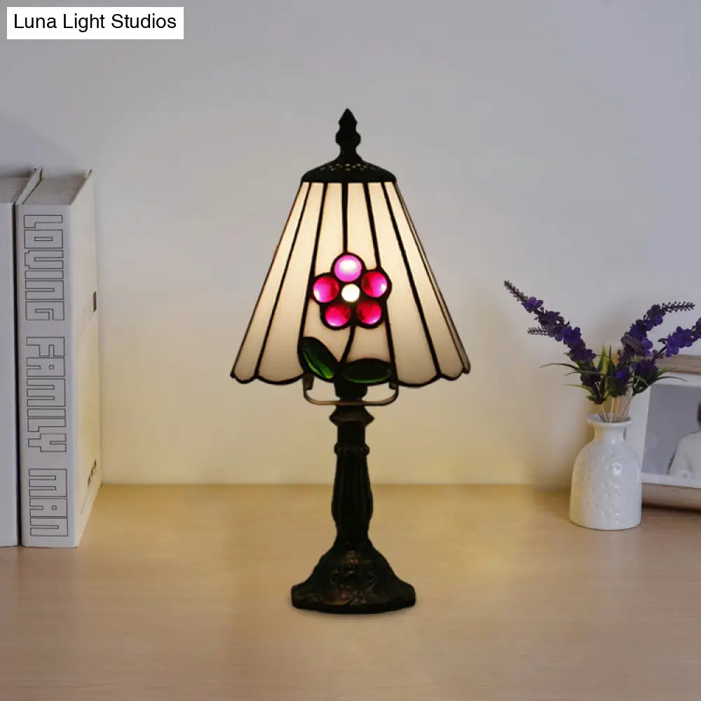 Mediterranean Stained Glass Night Light: White/Red With Conical/Flared Shape And Floral Pattern