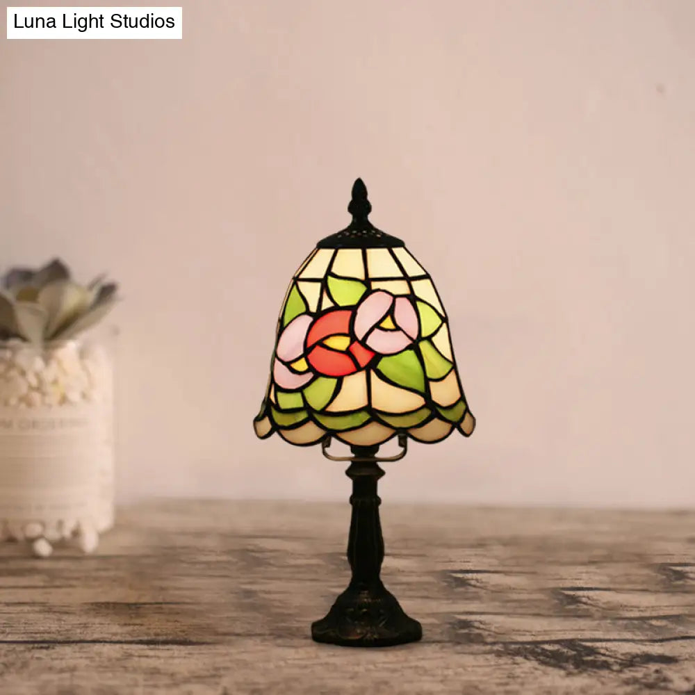 Mediterranean Stained Glass Night Light: White/Red With Conical/Flared Shape And Floral Pattern