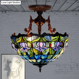 Mediterranean Stained Glass Semi Flush Mount Light - 3 Red/Blue Lights For Living Room Ceiling