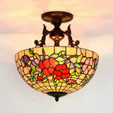 Mediterranean Stained Glass Semi Flush Mount Light - 3 Red/Blue Lights For Living Room Ceiling Red