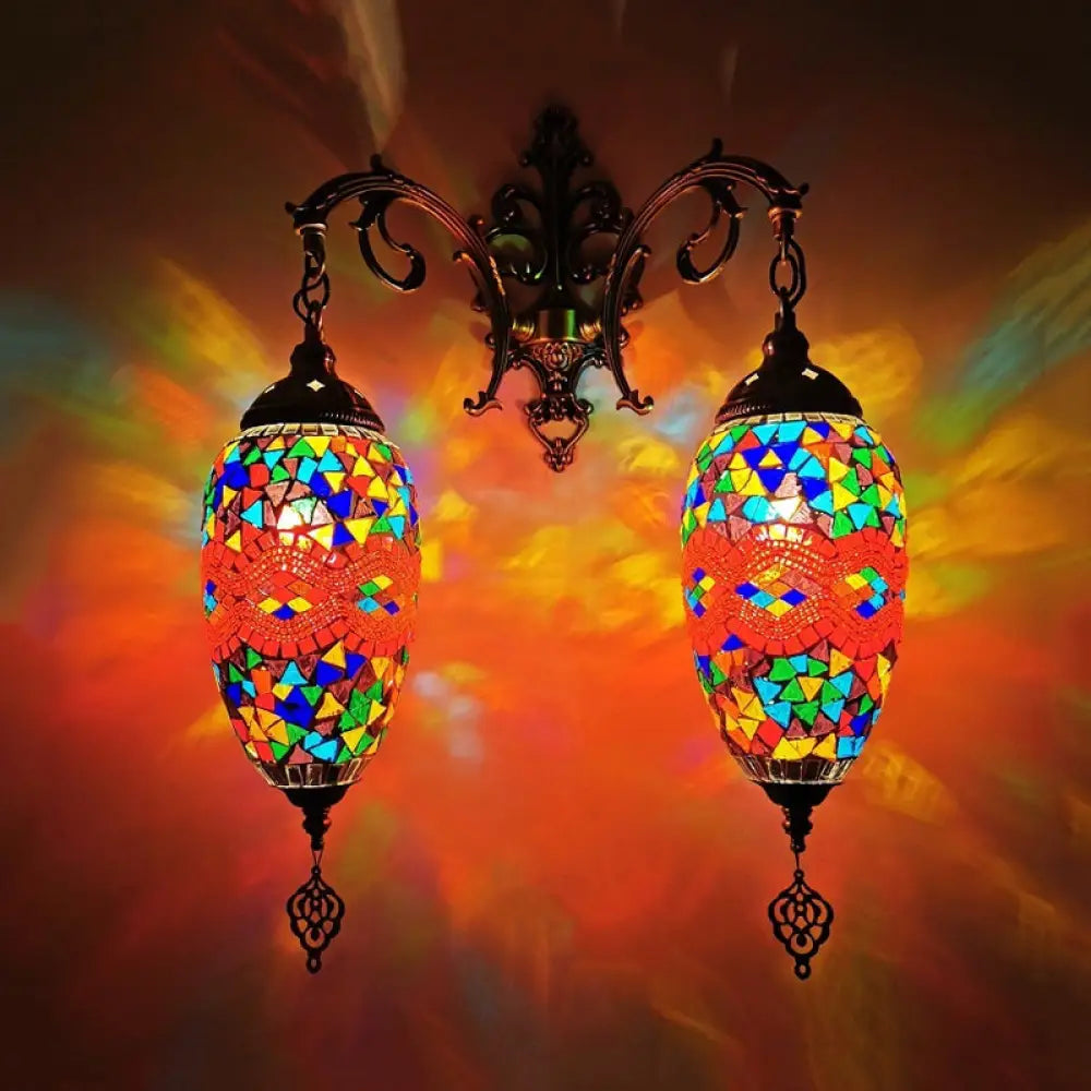 Mediterranean Stained Glass Wall Lighting With 2 Heads - Bar Mount Lamp In Red/Orange/Green Burgundy