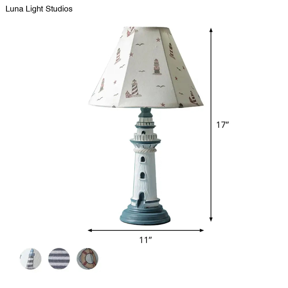 Mediterranean Tapered Night Light Fabric Table Lamp With Nautical Design And Lighthouse Base