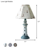 Mediterranean Tapered Night Light Fabric Table Lamp With Nautical Design And Lighthouse Base