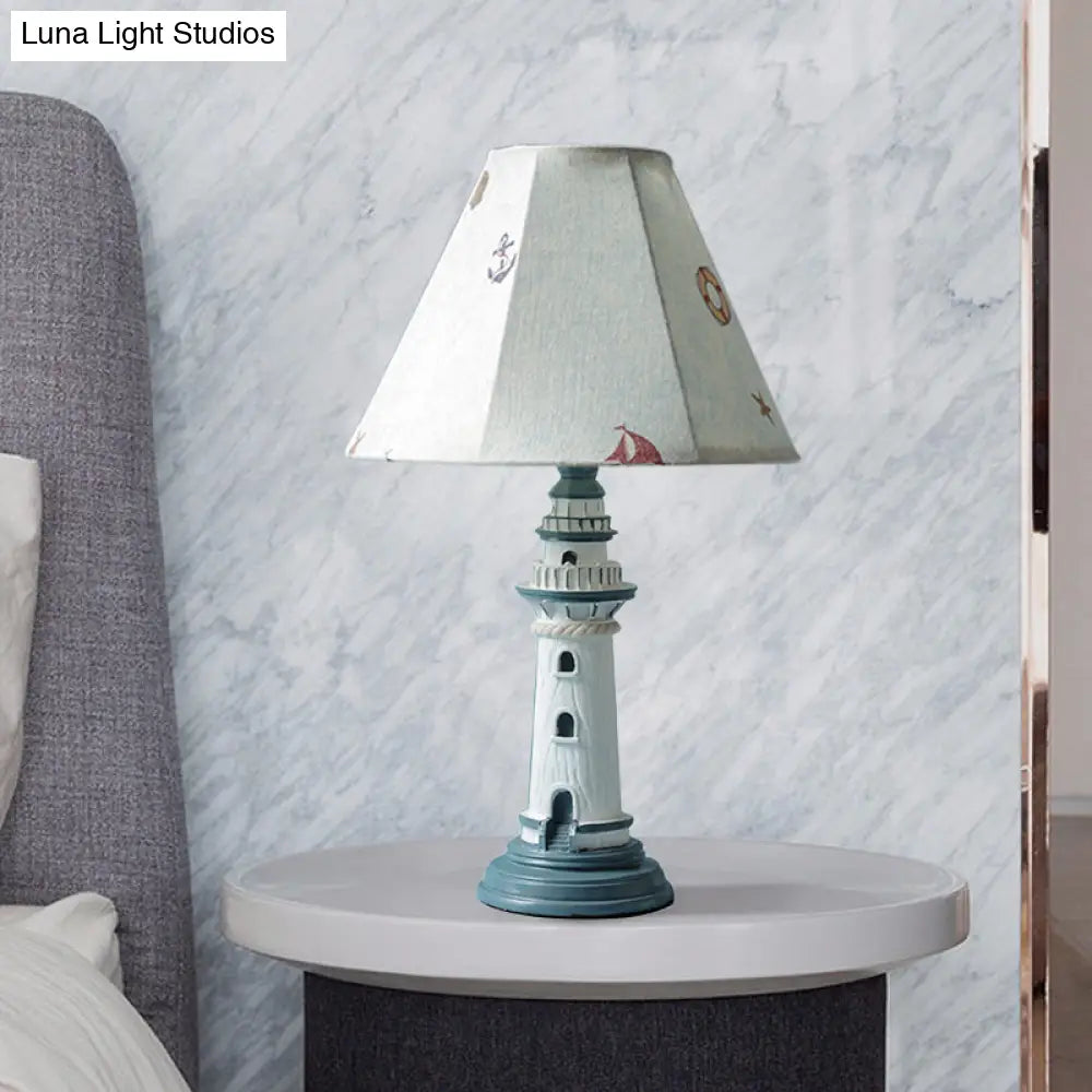 Mediterranean Tapered Night Light Fabric Table Lamp With Nautical Design And Lighthouse Base