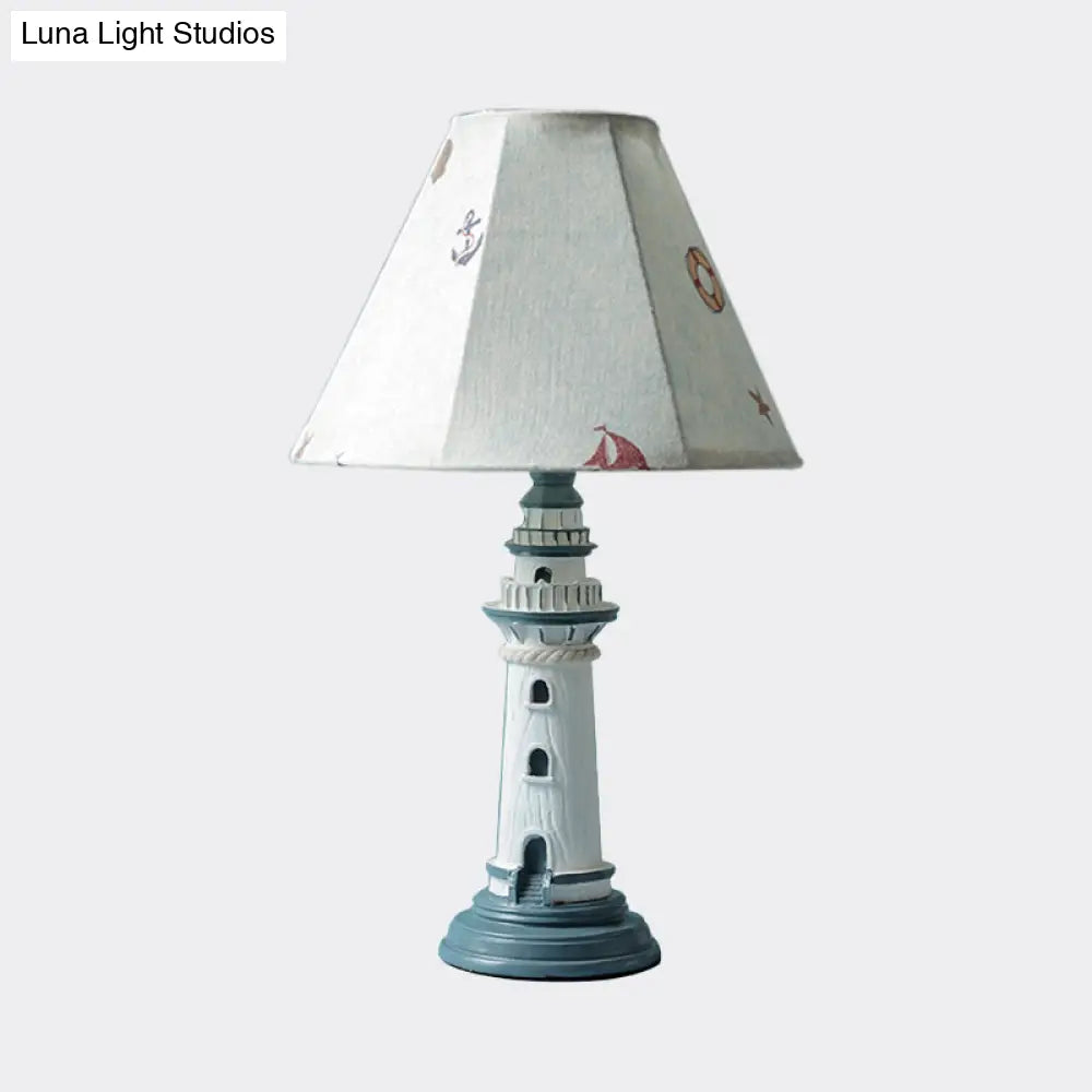 Mediterranean Tapered Night Light Fabric Table Lamp With Nautical Design And Lighthouse Base