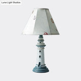 Mediterranean Tapered Night Light Fabric Table Lamp With Nautical Design And Lighthouse Base