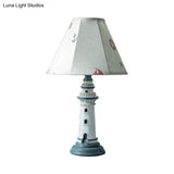 Mediterranean Tapered Night Light Fabric Table Lamp With Nautical Design And Lighthouse Base