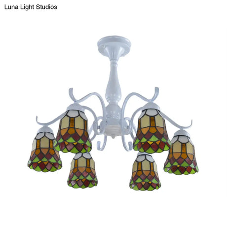 Mediterranean White Stained Glass Semi Flush Ceiling Mount Light - 6/8-Light Bell Design For Living