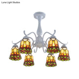 Mediterranean White Stained Glass Semi Flush Ceiling Mount Light - 6/8-Light Bell Design For Living