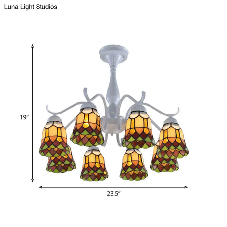 Mediterranean White Stained Glass Semi Flush Ceiling Mount Light - 6/8-Light Bell Design For Living