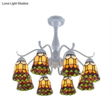 Mediterranean White Stained Glass Semi Flush Ceiling Mount Light - 6/8-Light Bell Design For Living