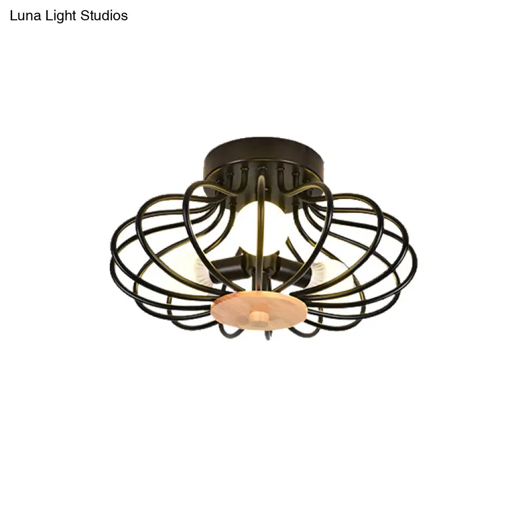 Melon Cage Metal Ceiling Light For Restaurant Stairway - Contemporary Flush Mount Design