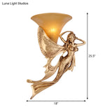 Mermaid 1-Light Resin Gold Wall Sconce - Rustic Style Lamp With Ribbed Glass Shade