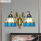 Mermaid 2-Head Stained Glass Wall Sconce In Tiffany Dark Blue/White & Orange/White With Grid Pattern