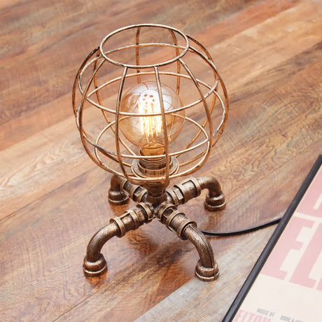 Metal Ball Cage Table Lamp With Pipe-Like Base - Industrial Style Mini Light Antique Bronze Finish 1