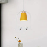Metal Bird Cage Down Lighting Pendant Lamp With Small Barrel Shade In White/Black/Grey Finish Yellow