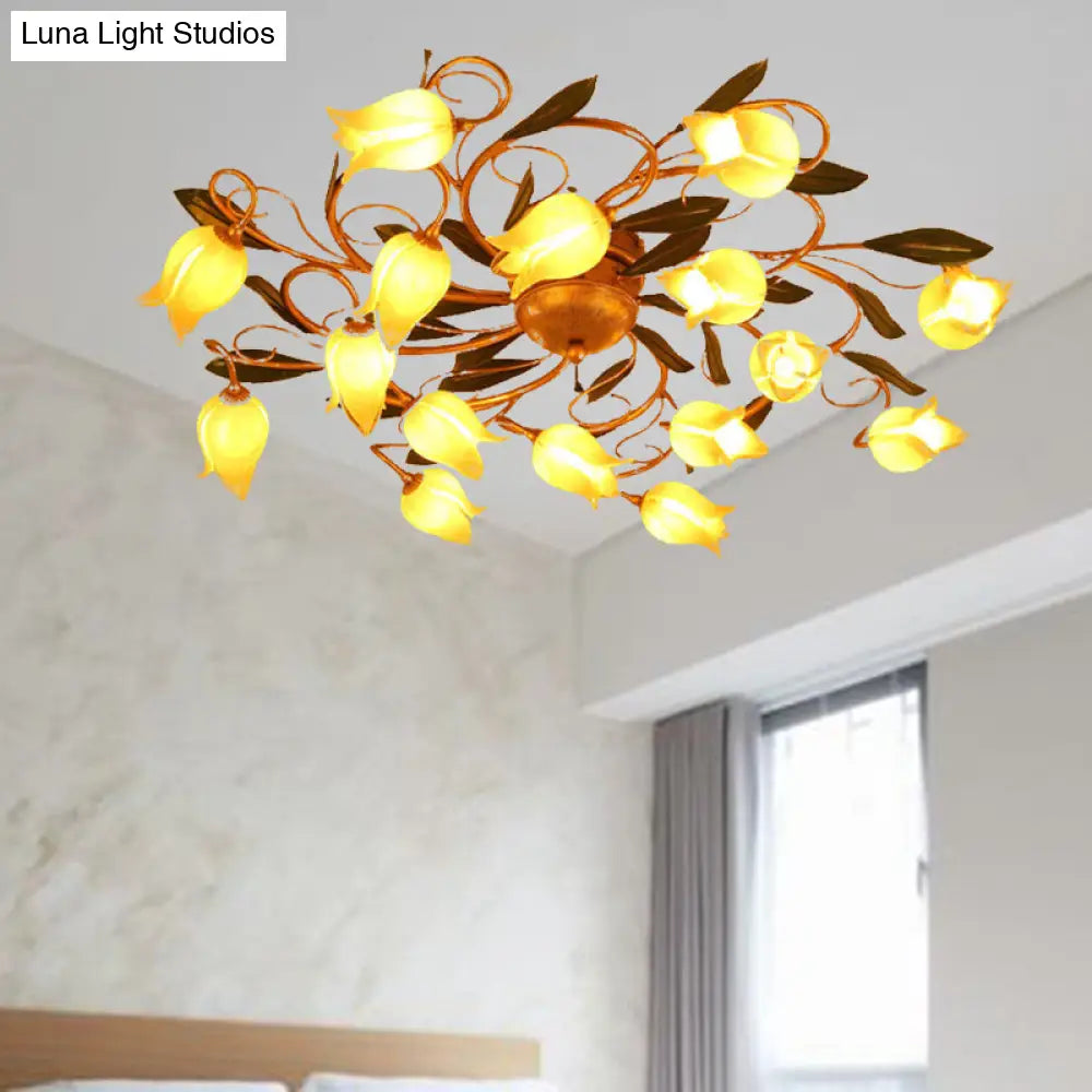 Metal Brass Ceiling Flush Lily/Tulip Led Semi Mount Lighting - 16 - Head American Garden Style For