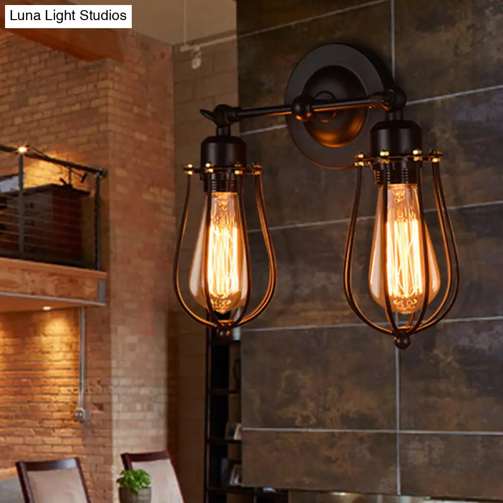 Metal Cage Vanity Lights - Industrial Wall Mounted 2 Head Over Mirror Design