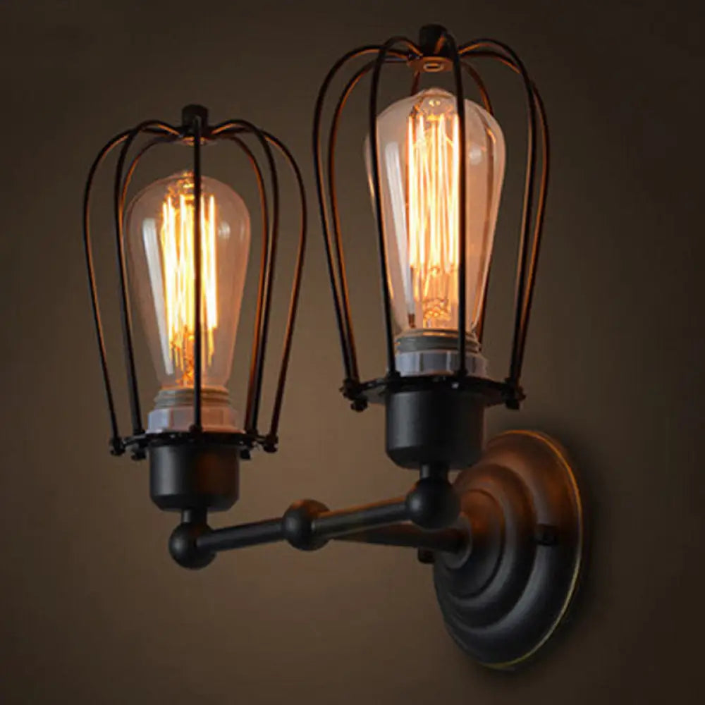 Metal Cage Vanity Lights - Industrial Wall Mounted 2 Head Over Mirror Design Black