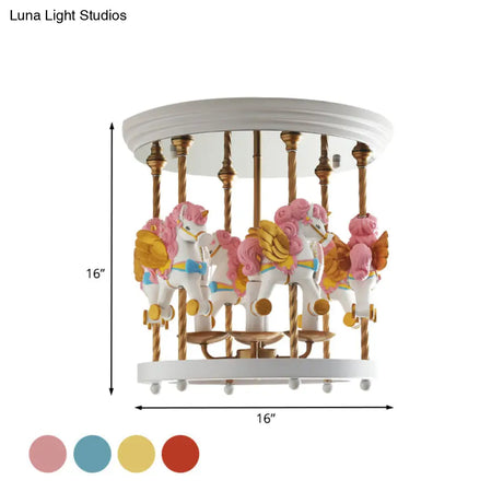 Metal Carousel Semi Flush Cartoon Mount Lighting Fixture For Children’s Room - 4-Bulb