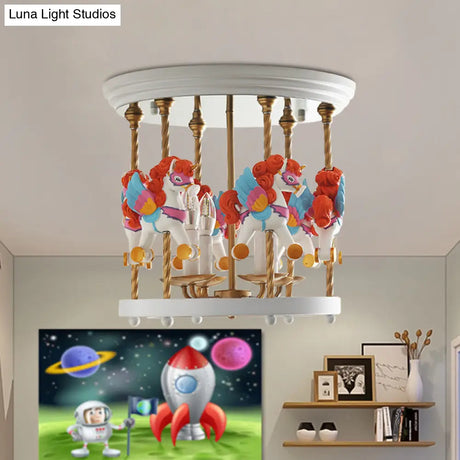 Metal Carousel Semi Flush Cartoon Mount Lighting Fixture For Children’s Room - 4-Bulb