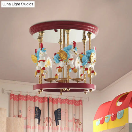 Metal Carousel Semi Flush Cartoon Mount Lighting Fixture For Children’s Room - 4-Bulb
