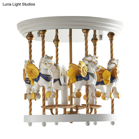 Metal Carousel Semi Flush Cartoon Mount Lighting Fixture For Children’s Room - 4-Bulb