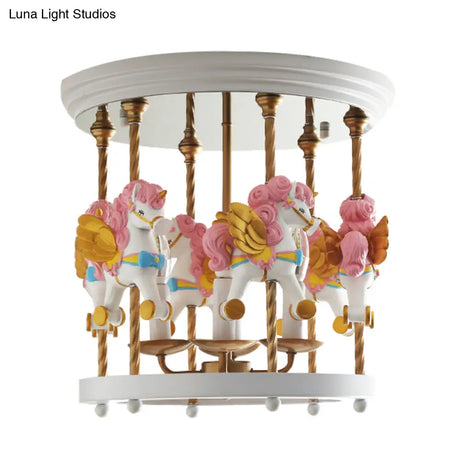 Metal Carousel Semi Flush Cartoon Mount Lighting Fixture For Children’s Room - 4-Bulb