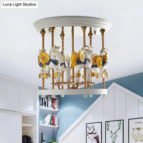 Metal Carousel Semi Flush Cartoon Mount Lighting Fixture For Children’s Room - 4-Bulb