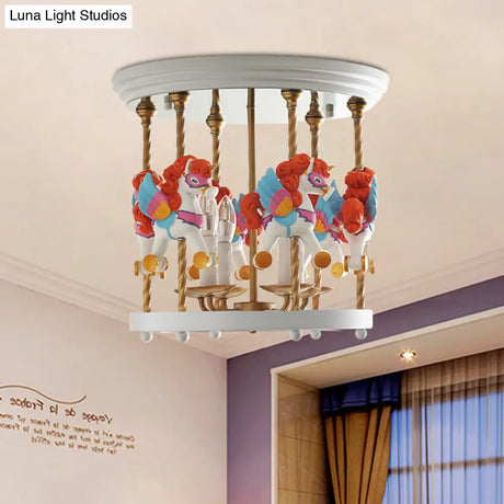 Metal Carousel Semi Flush Cartoon Mount Lighting Fixture For Children’s Room - 4-Bulb