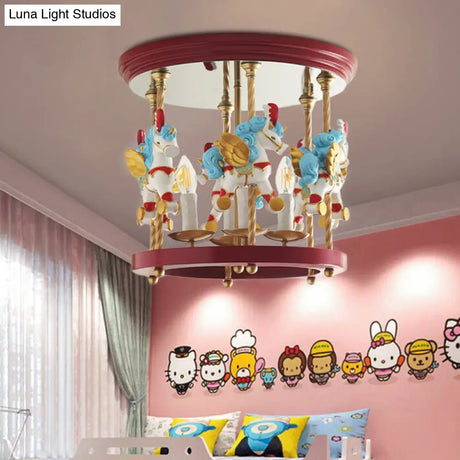 Metal Carousel Semi Flush Cartoon Mount Lighting Fixture For Children’s Room - 4-Bulb